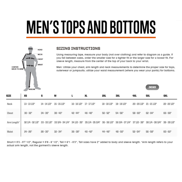 5.11 Men's Tops and Bottoms Sizing Instructions -Inches