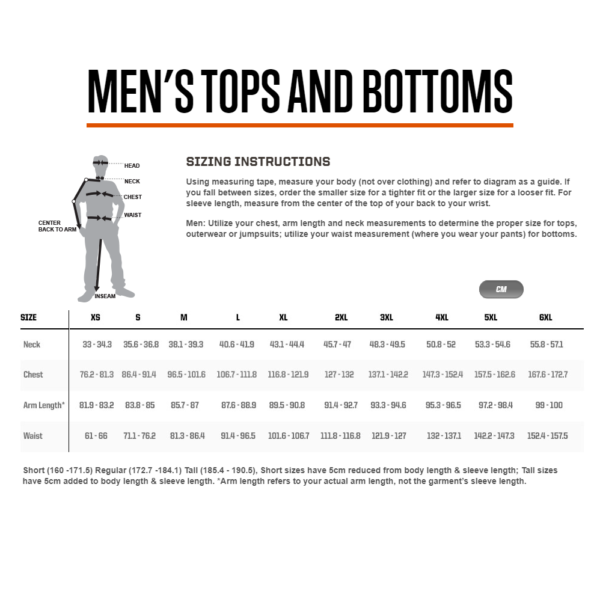 5.11 Men's Tops and Bottoms Sizing Instructions - CM